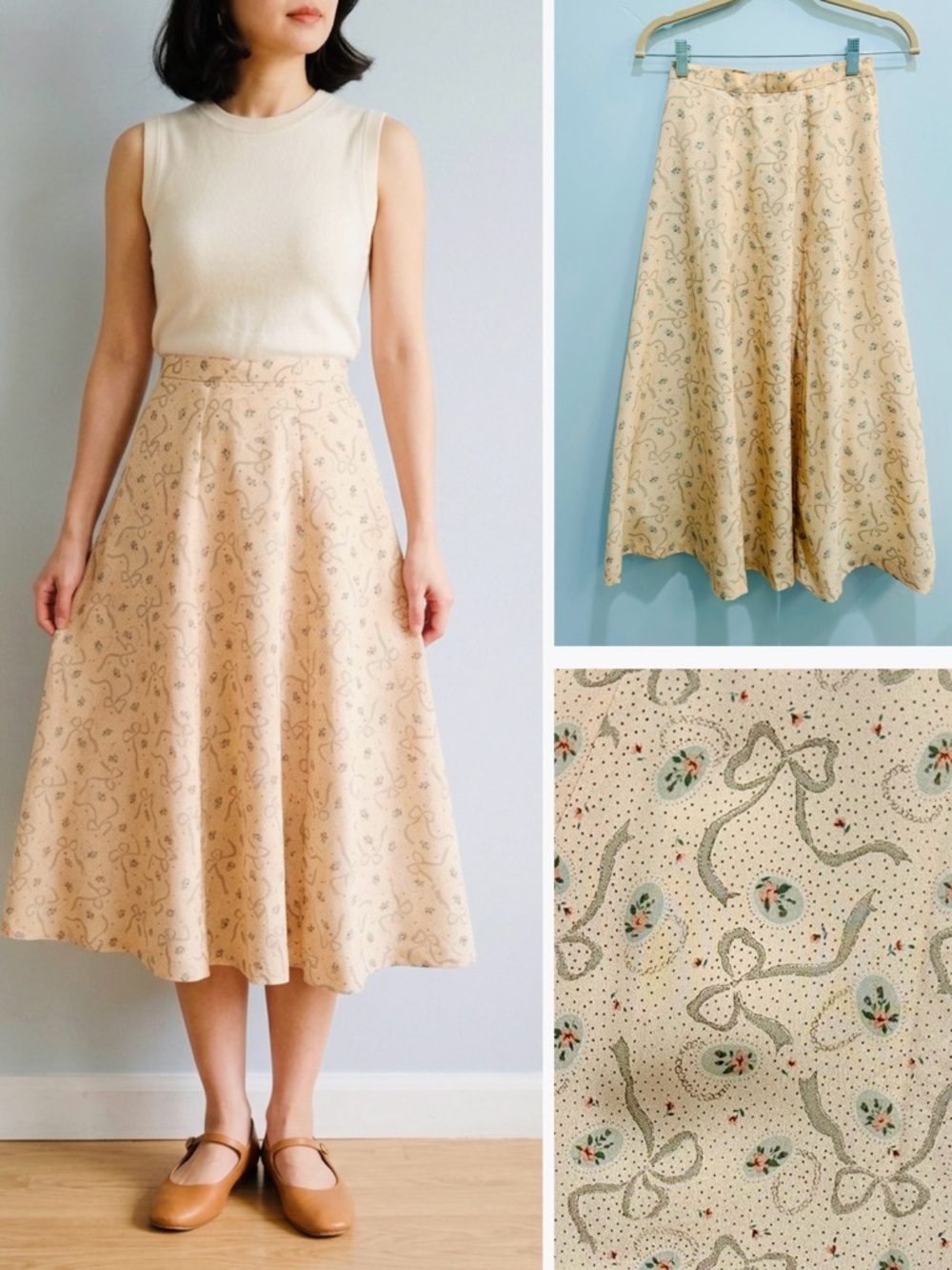 Vintage 70s Pastel Bow & Floral Print Midi Skirt Blush Pink Romantic Coquette XS
